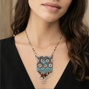 Southwestern Blue Beaded Medicine Bag Necklace -Handcrafted